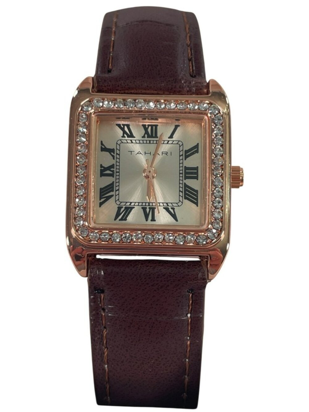 Tahari Rose Gold Square Watch Crystal Bezel & Brown Leather Strap TAH3259NX NEW